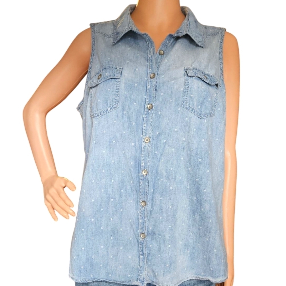 WM Sonoma Chambray Sleeveless Button Up Top W/Stars Sz XL CoastalCowgirl Western